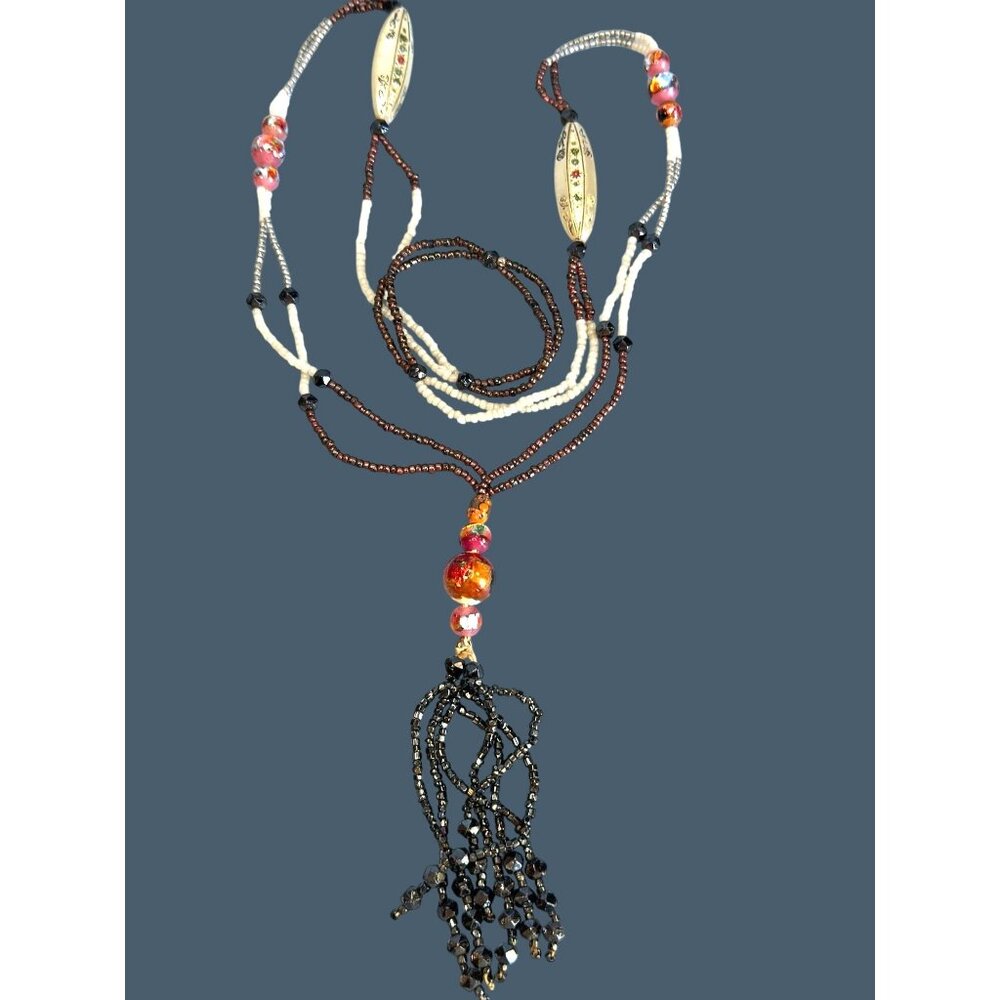 Vintage Beaded Tassel Necklace Multicolor Glass Beads MOP Boho Chic Style - Picture 6 of 6